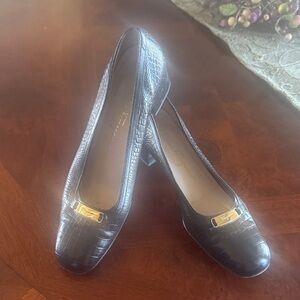 Salvatore Ferragamo Black Croc-Embossed Pumps with Gold Plaque